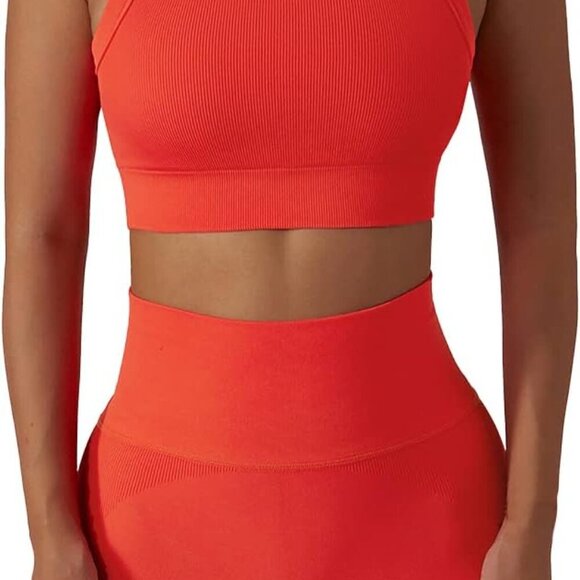 Workout Sets for Women 2 Piece Seamless Ribbed Tank Top Sport Bra High Waist Bik - Picture 1 of 6